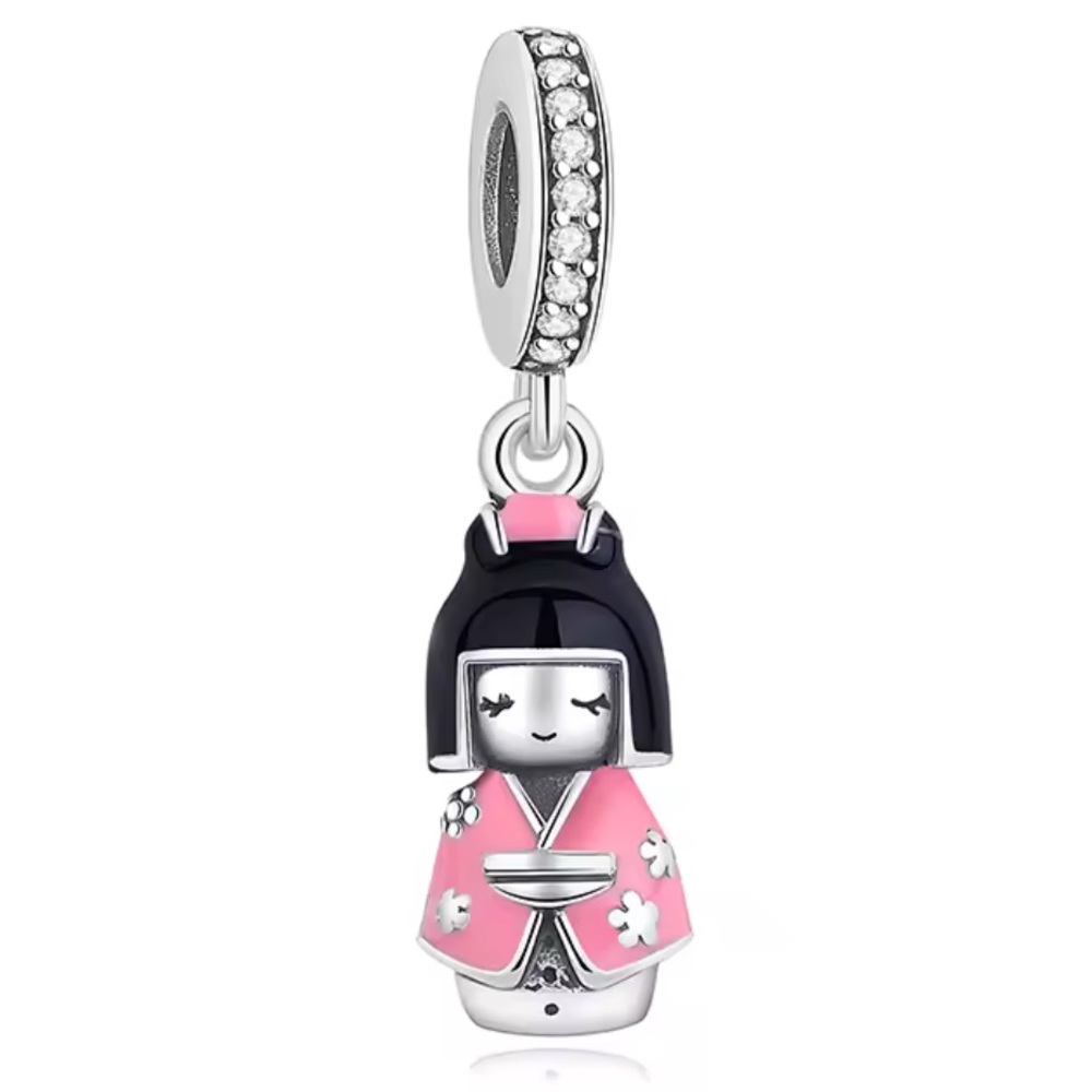 NWOT Japanese Doll in Pink Kimono Japan Travel Dangle Charm Sterling Silver 925